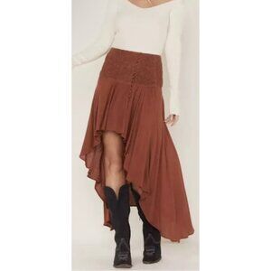 Shyanne Rust Orange High-Low Maxi Skirt With Embroidered Waist & Button Sz Large